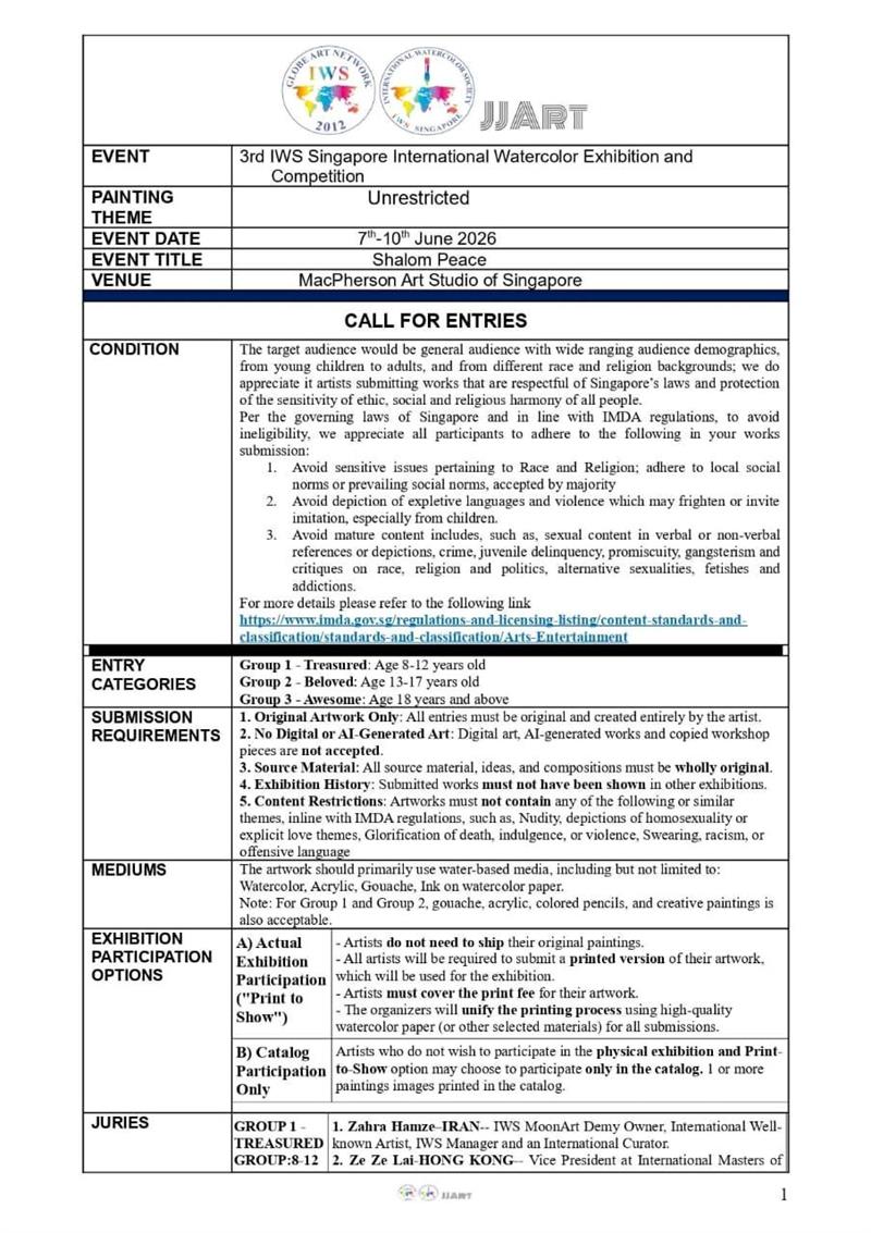 3rd IWS Singapore International Watercolour Exhibition Competition